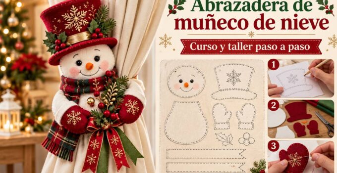 Curso y taller: abrazadera navideña de muñeco de nieve Abrazadera de cortina con muñeco de nieve, sombrero rojo y bufanda junto a moldes y tres pasos de costura