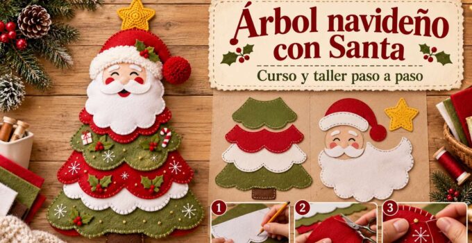 Curso y taller: árbol navideño de fieltro con Santa Árbol de fieltro con Santa, estrella y capas festoneadas junto a moldes y tres pasos de costura