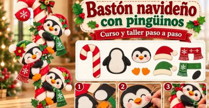 Curso y taller: bastón navideño con pingüinos Bastón de caramelo rojo y crema con tres pingüinos de fieltro, moldes y pasos de confección
