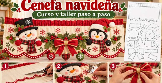 Curso y taller: cenefa navideña con moldes Cenefa navideña con muñeco de nieve, pingüino y lazo central junto a moldes y tres pasos de confección