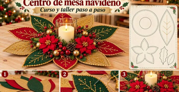 Curso y taller: centro de mesa navideño con moldes Centro de mesa navideño con hojas rojas, verdes y doradas, flores de Nochebuena, recipiente central y moldes