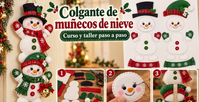 Curso y taller: colgante de muñecos de nieve Colgante vertical con dos muñecos de nieve de fieltro, moldes y tres pasos de confección