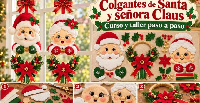 Curso y taller: colgantes de Santa y señora Claus Colgantes de Santa y señora Claus sobre aros con Nochebuenas, junto a moldes y tres pasos de costura