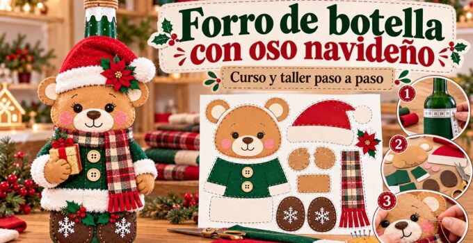 Curso y taller: forro de botella con oso navideño Curso y taller: forro de botella con oso navideño
