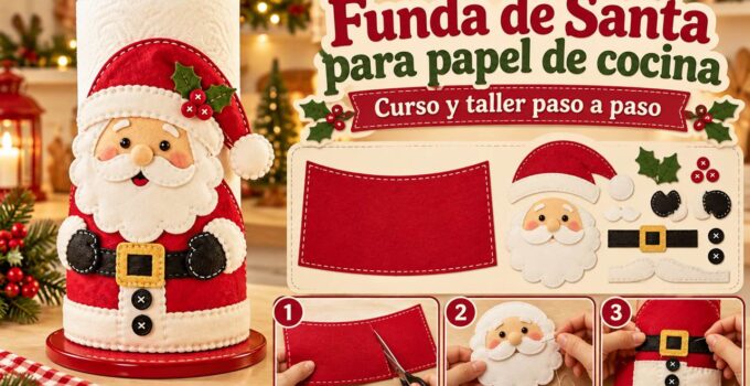 Curso y taller: funda de Santa para papel de cocina Funda roja de Santa sobre un rollo de papel de cocina, con moldes y tres pasos de costura