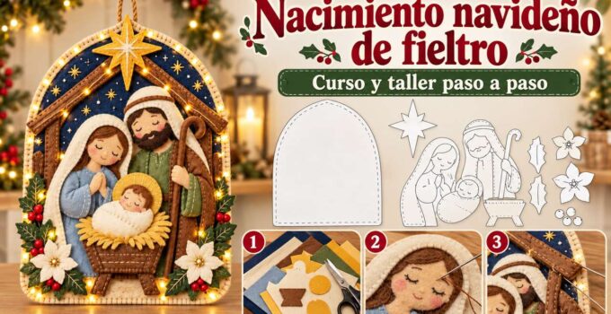 Curso y taller: nacimiento navideño de fieltro Nacimiento navideño de fieltro con María, José y el Niño Jesús, junto a moldes y pasos de confección