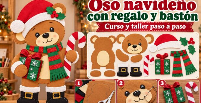 Curso y taller: oso navideño con regalo y bastón Oso navideño de fieltro con regalo verde, bufanda y bastón de caramelo junto a moldes y pasos de costura