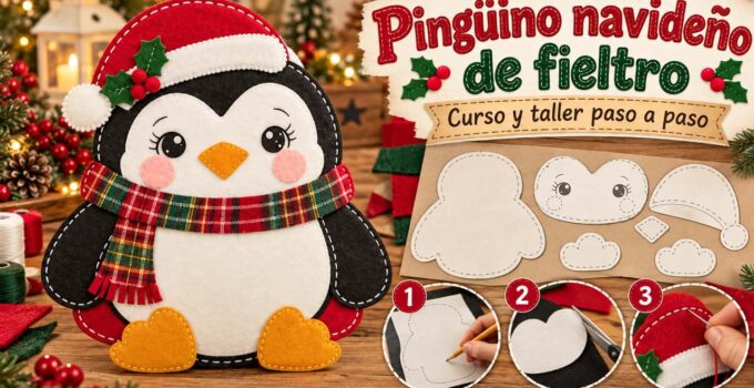 Curso y taller: pingüino navideño de fieltro con bufanda Pingüino navideño con gorro rojo y bufanda de cuadros junto a moldes y tres pasos de costura