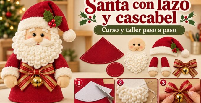 Curso y taller: Santa con lazo y cascabel Santa de fieltro con barba rizada, lazo rojo y dorado y cascabel junto a moldes y tres pasos de confección
