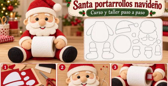 Curso y taller: Santa portarrollos navideño Santa de fieltro sentado con rollo de papel higiénico, moldes y tres pasos de confección
