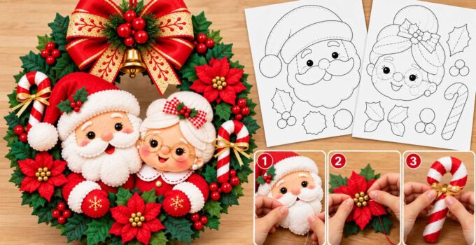 Curso y taller: corona navideña de Santa y señora Claus con moldes Corona navideña con Santa y señora Claus, moldes y tres pasos de confección