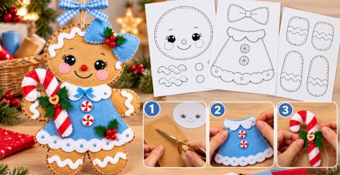 Curso y taller: muñeca de jengibre con vestido azul Muñeca de jengibre de fieltro con vestido azul, bastón de caramelo y moldes