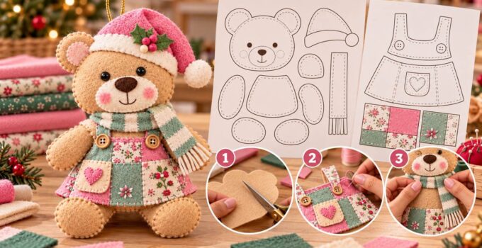 Curso y taller: osita navideña con vestido patchwork Osita navideña con gorro rosa y vestido patchwork, moldes y pasos de costura