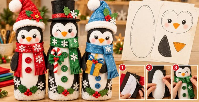 Curso y taller: pingüinos navideños de tela con moldes paso a paso Tres pingüinos navideños de tela con gorros, bufandas, moldes y pasos de costura