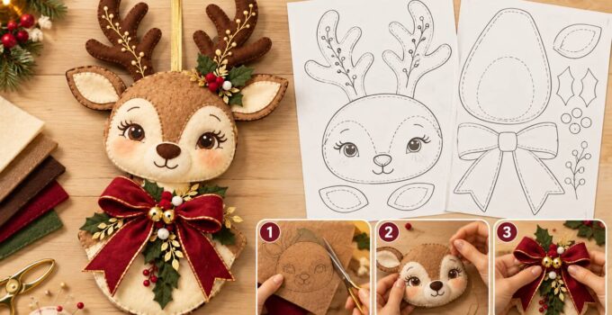 Curso y taller: reno navideño colgante de fieltro con moldes Reno navideño de fieltro con lazo burdeos, moldes y tres pasos de costura