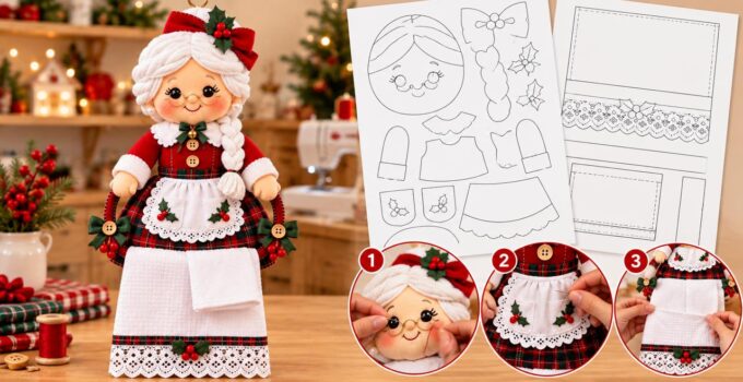 Curso y taller: toallero navideño de señora Claus con moldes Toallero navideño de señora Claus con trenza blanca, moldes y pasos de confección