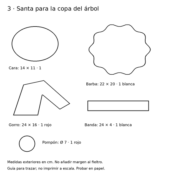 Curso y taller: árbol navideño de fieltro con Santa 4 Moldes de cara, barba, gorro y pompón de Santa para el árbol navideño
