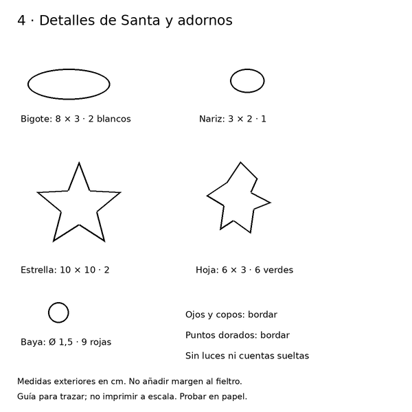 Curso y taller: árbol navideño de fieltro con Santa 5 Moldes de bigotes, nariz, estrella, hojas y bayas para el árbol con Santa