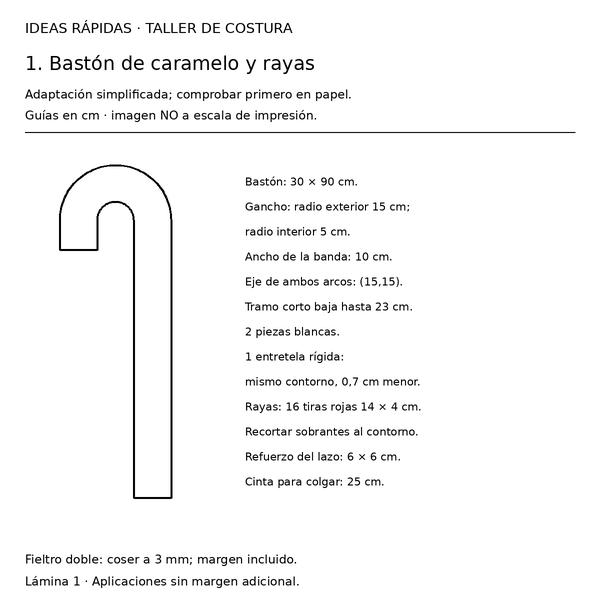 Curso y taller: bastón navideño con pingüinos 2 Guía con medidas para bastón navideño con pingüinos: Bastón de caramelo y rayas