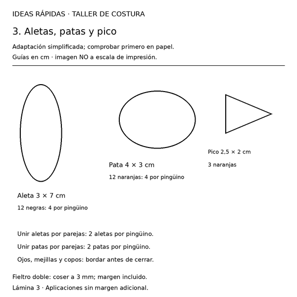 Curso y taller: bastón navideño con pingüinos 4 Guía con medidas para bastón navideño con pingüinos: Aletas, patas y pico