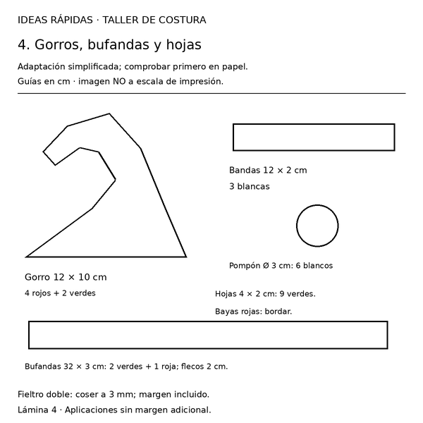 Curso y taller: bastón navideño con pingüinos 5 Guía con medidas para bastón navideño con pingüinos: Gorros, bufandas y hojas