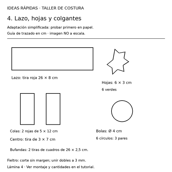 Curso y taller: cenefa navideña con moldes 5 Molde con medidas para cenefa navideña: lazo, hojas y bolas decorativas