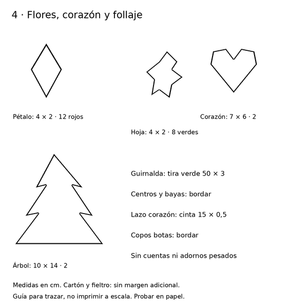 Curso y taller: chimenea navideña con Santa y moldes 5 Guías con medidas de flores, corazón, árbol y guirnalda de fieltro