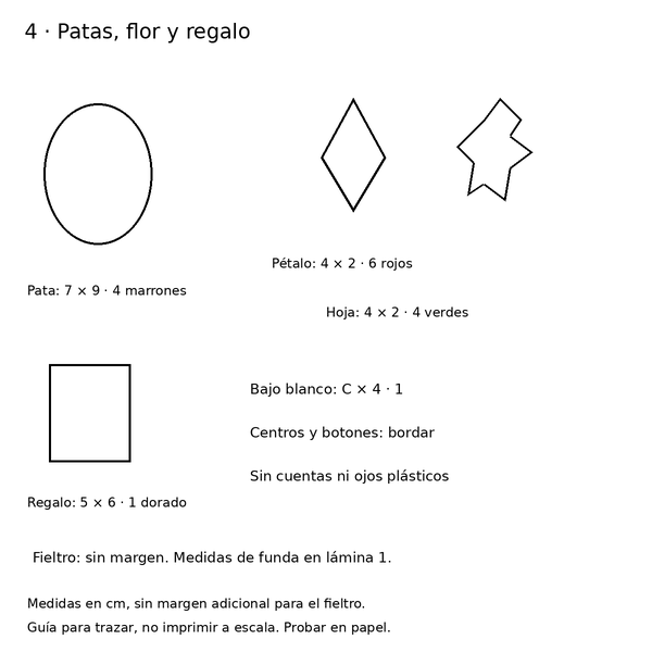 Curso y taller: forro de botella con oso navideño 5 Moldes de patas, pétalos, hojas y regalo para el forro navideño