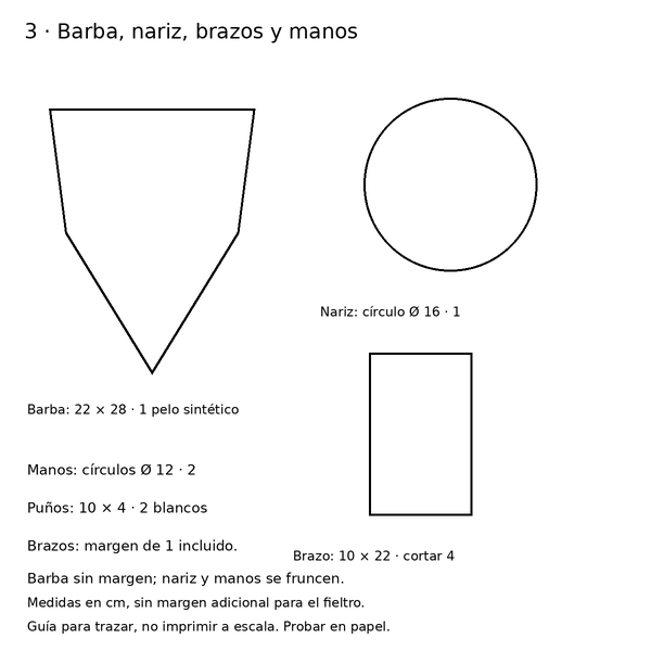 Curso y taller: gnomo navideño de cuadros con moldes 4 Moldes de barba, nariz fruncida, brazos y manos del gnomo navideño
