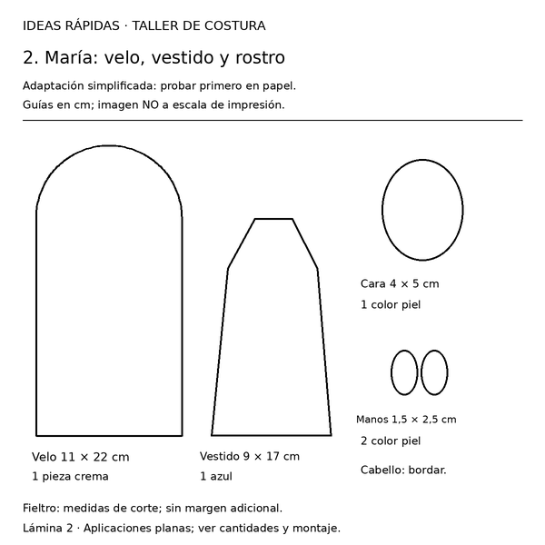 Curso y taller: nacimiento navideño de fieltro 3 Guía con medidas para nacimiento navideño de fieltro: María con velo y vestido