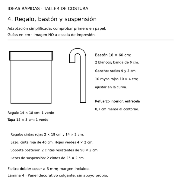 Curso y taller: oso navideño con regalo y bastón 5 Guía con medidas de oso navideño con regalo y bastón: Regalo, bastón y suspensión