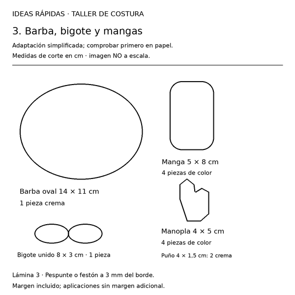 Curso y taller: Santa de fieltro con corazón 4 Guía con medidas: barba, bigote y brazos para Santa de fieltro con corazón