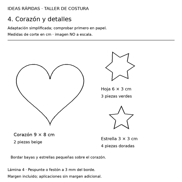 Curso y taller: Santa de fieltro con corazón 5 Guía con medidas: corazón, hojas y estrellas para Santa de fieltro con corazón