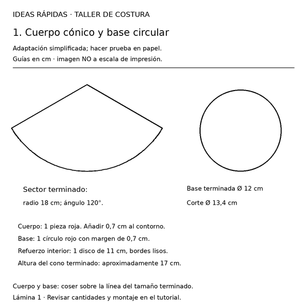 Curso y taller: Santa con lazo y cascabel 2 Molde con medidas de Santa con lazo y cascabel: Cuerpo cónico y base circular