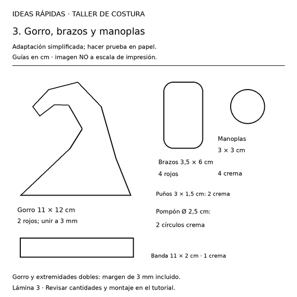 Curso y taller: Santa con lazo y cascabel 4 Molde con medidas de Santa con lazo y cascabel: Gorro, brazos y manoplas