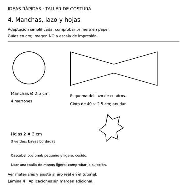 Curso y taller: toallero navideño de reno con moldes 5 Guía con medidas para toallero navideño de reno: Manchas, lazo y hojas