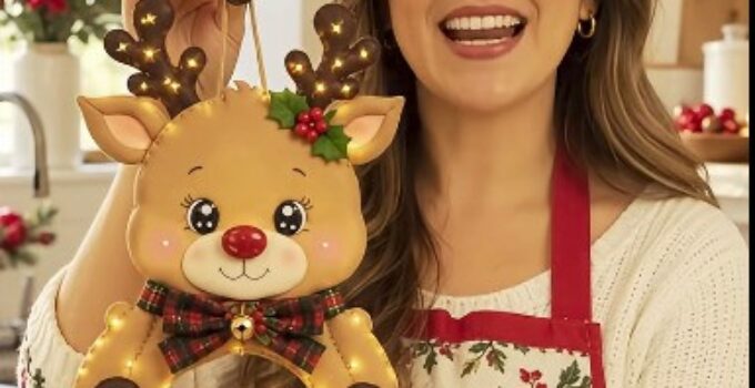 Curso y taller: toallero navideño de reno con moldes Toallero con cabeza de reno, aro camel, lazo de cuadros y toalla blanca con Nochebuena